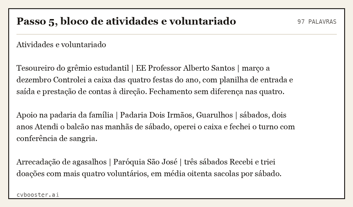 Exemplo completo: Passo 5, bloco de atividades e voluntariado, 97 palavras