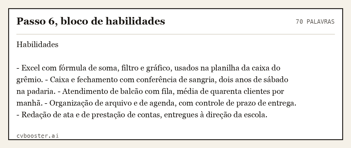Exemplo completo: Passo 6, bloco de habilidades, 70 palavras