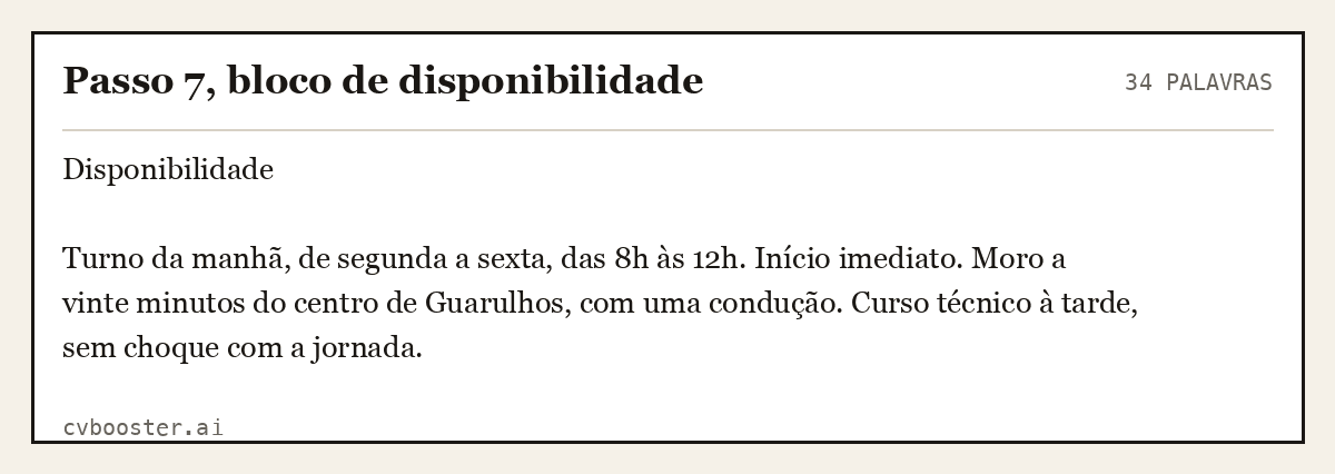 Exemplo completo: Passo 7, bloco de disponibilidade, 34 palavras