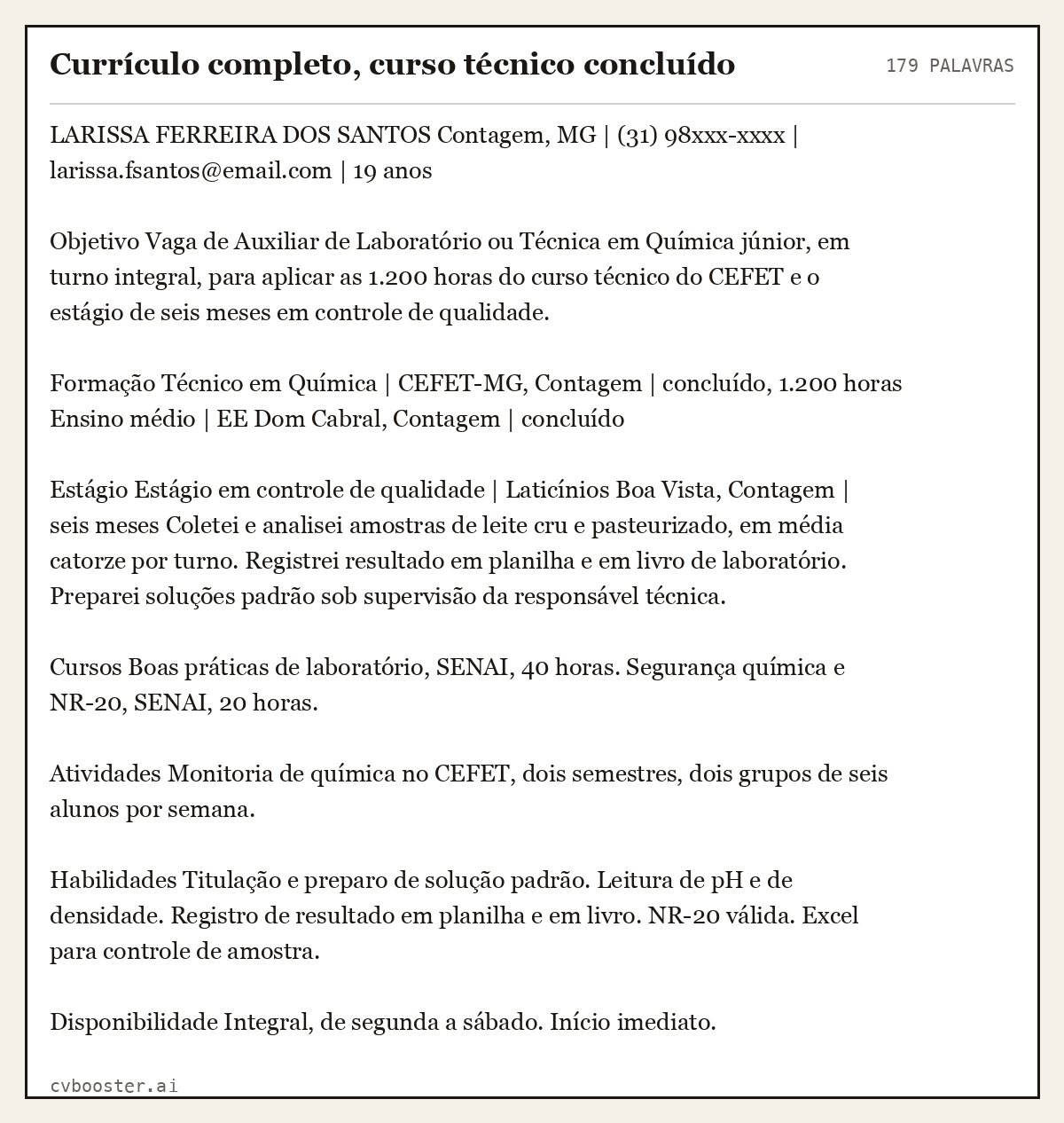 Exemplo completo: Currículo completo, curso técnico concluído, 179 palavras