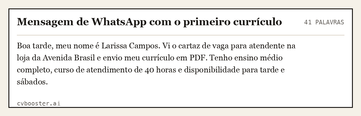 Exemplo completo: Mensagem de WhatsApp com o primeiro currículo, 41 palavras