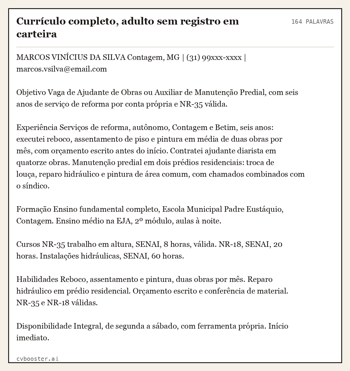 Exemplo completo: Currículo completo, adulto sem registro em carteira, 164 palavras