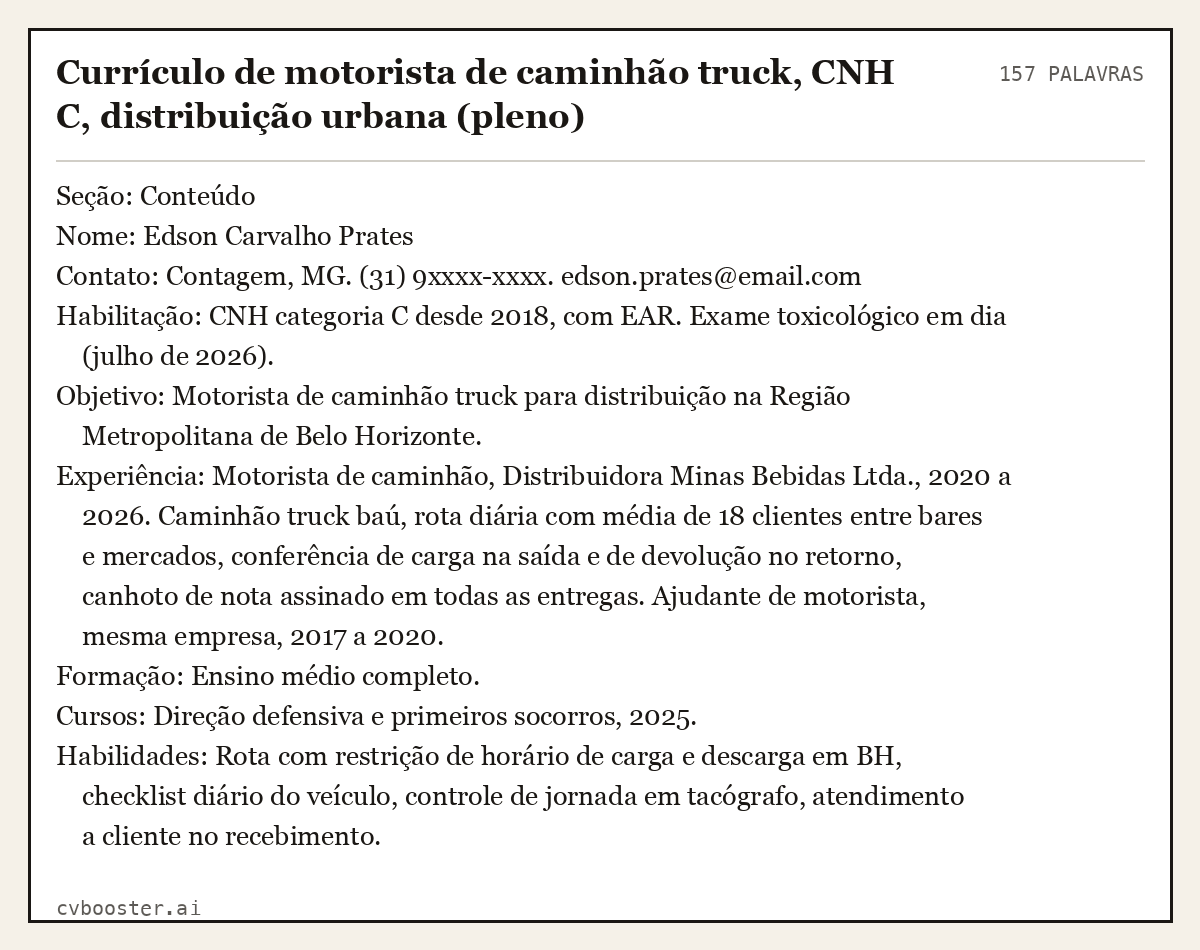 Exemplo completo: Currículo de motorista de caminhão truck, CNH C, distribuição urbana (pleno), 157 palavras