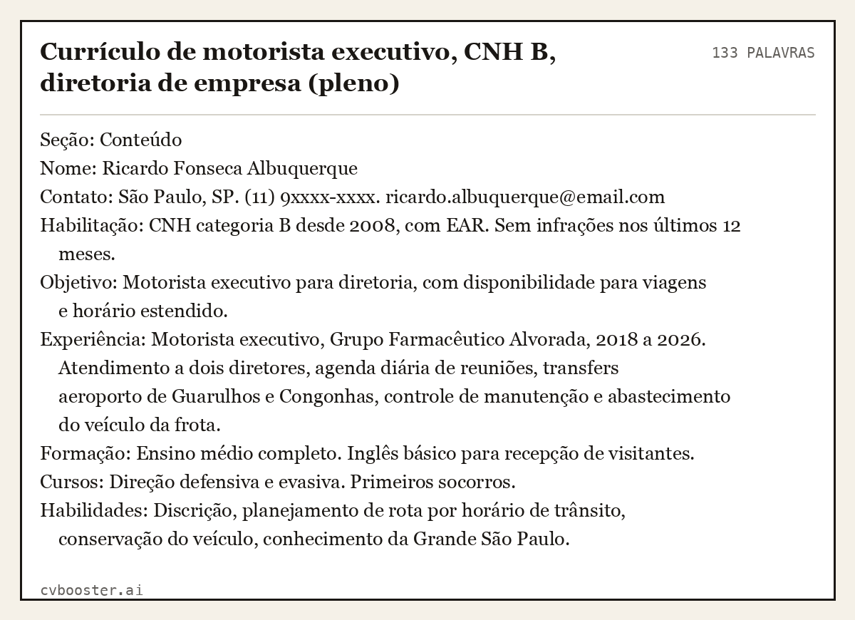Exemplo completo: Currículo de motorista executivo, CNH B, diretoria de empresa (pleno), 133 palavras