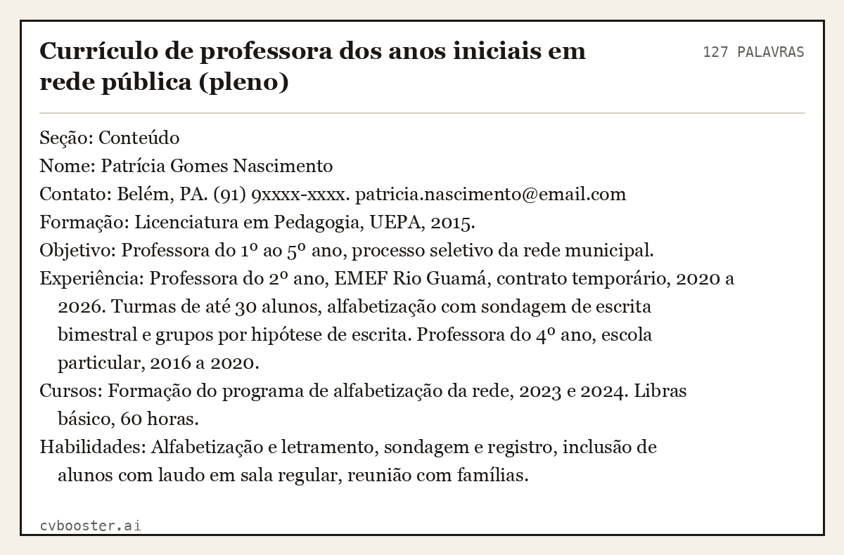 Exemplo completo: Currículo de professora dos anos iniciais em rede pública (pleno), 127 palavras