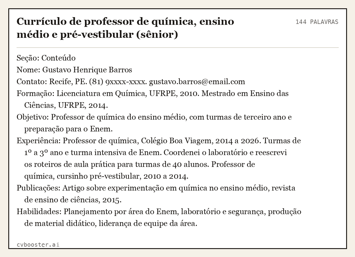 Exemplo completo: Currículo de professor de química, ensino médio e pré-vestibular (sênior), 144 palavras