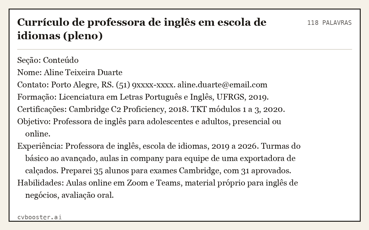 Exemplo completo: Currículo de professora de inglês em escola de idiomas (pleno), 118 palavras
