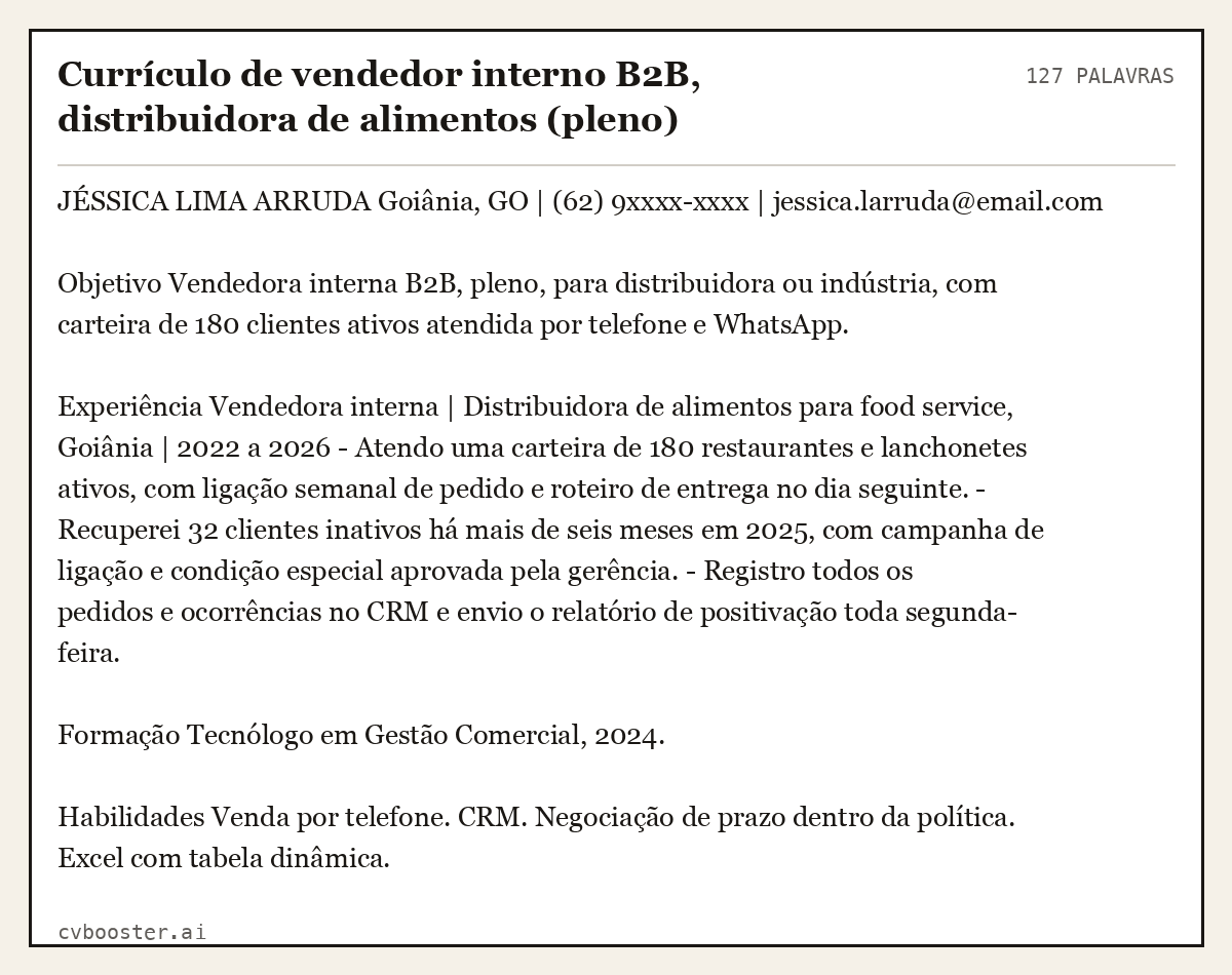 Exemplo completo: Currículo de vendedor interno B2B, distribuidora de alimentos (pleno), 127 palavras