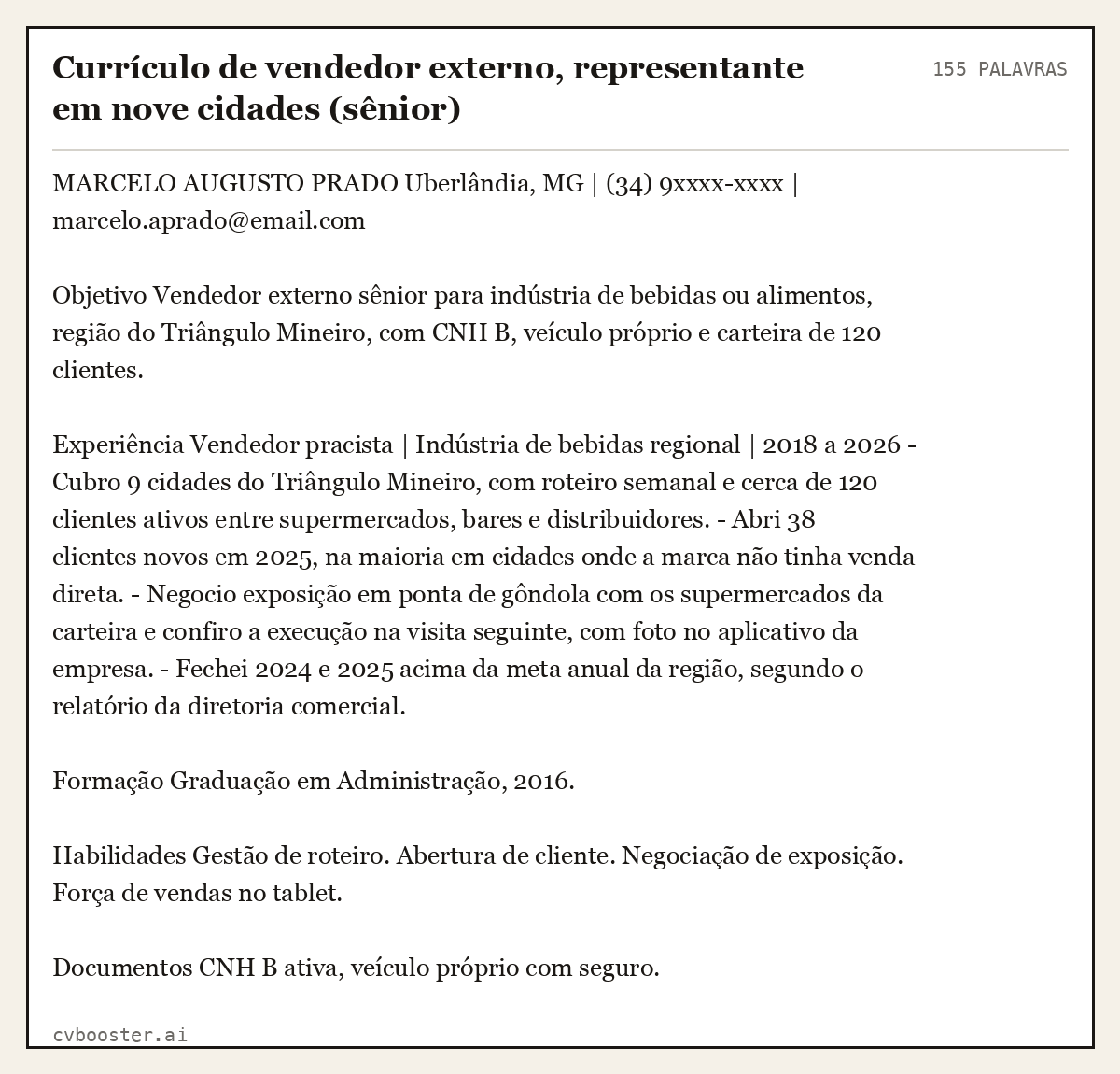 Exemplo completo: Currículo de vendedor externo, representante em nove cidades (sênior), 155 palavras