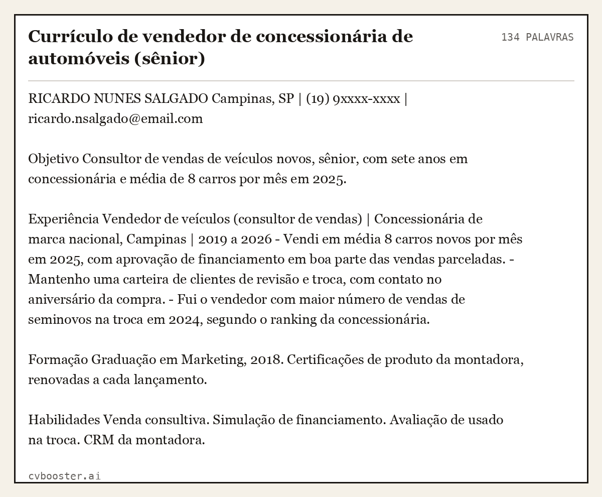 Exemplo completo: Currículo de vendedor de concessionária de automóveis (sênior), 134 palavras