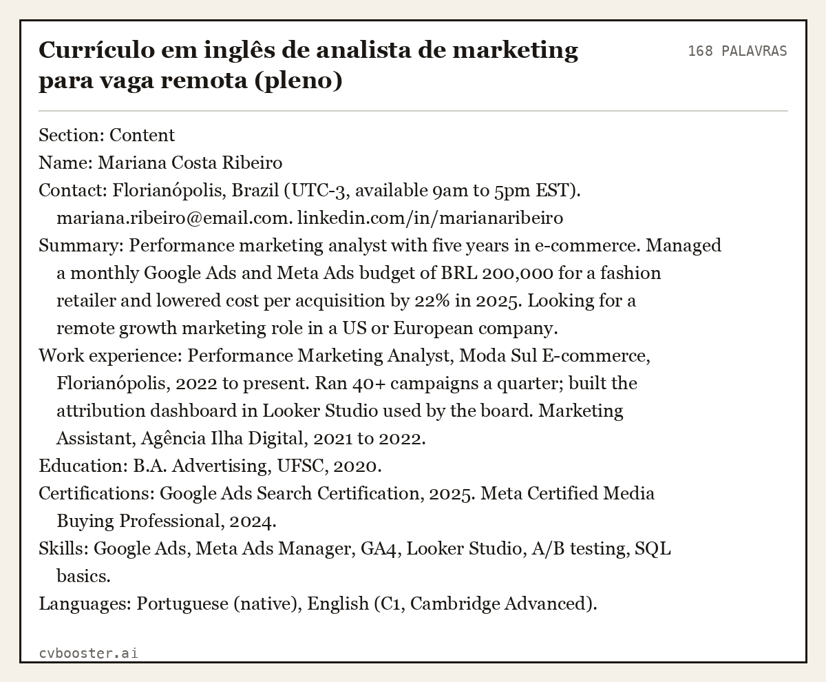Exemplo completo: Currículo em inglês de analista de marketing para vaga remota (pleno), 168 palavras