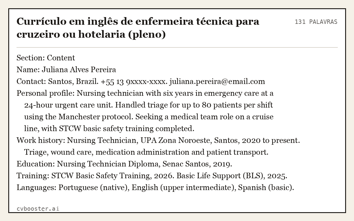 Exemplo completo: Currículo em inglês de enfermeira técnica para cruzeiro ou hotelaria (pleno), 131 palavras