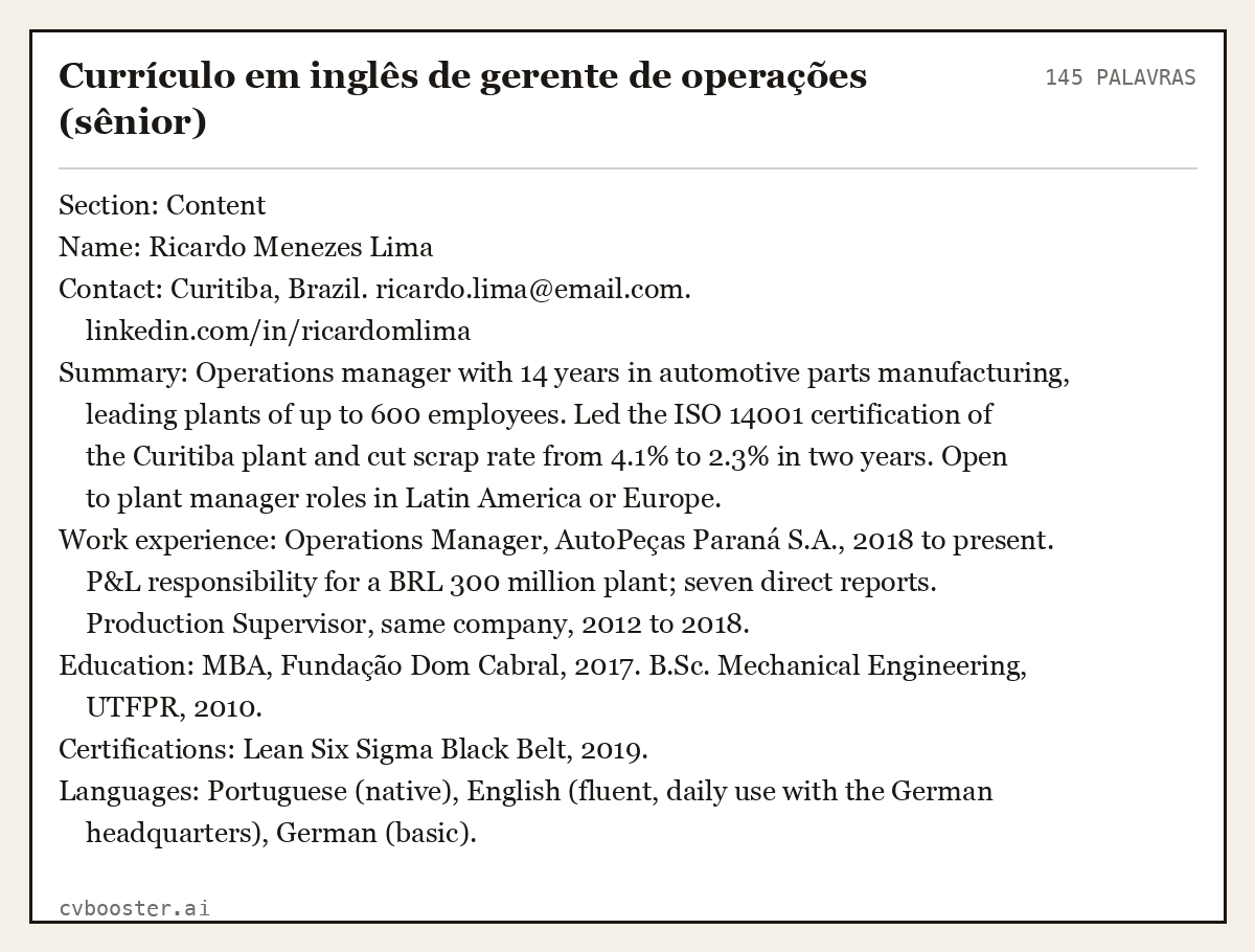 Exemplo completo: Currículo em inglês de gerente de operações (sênior), 145 palavras