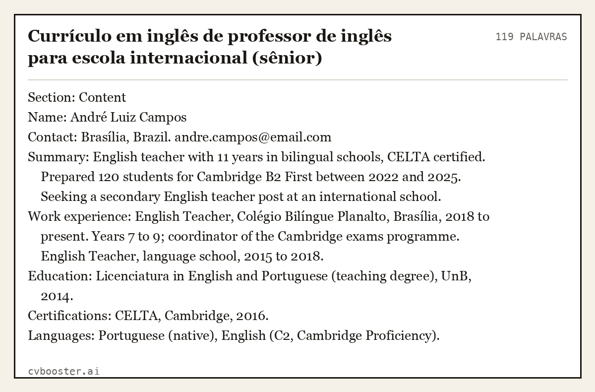 Exemplo completo: Currículo em inglês de professor de inglês para escola internacional (sênior), 119 palavras
