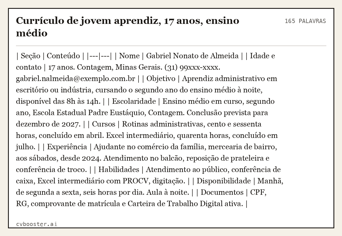 Exemplo completo: Currículo de jovem aprendiz, 17 anos, ensino médio, 165 palavras