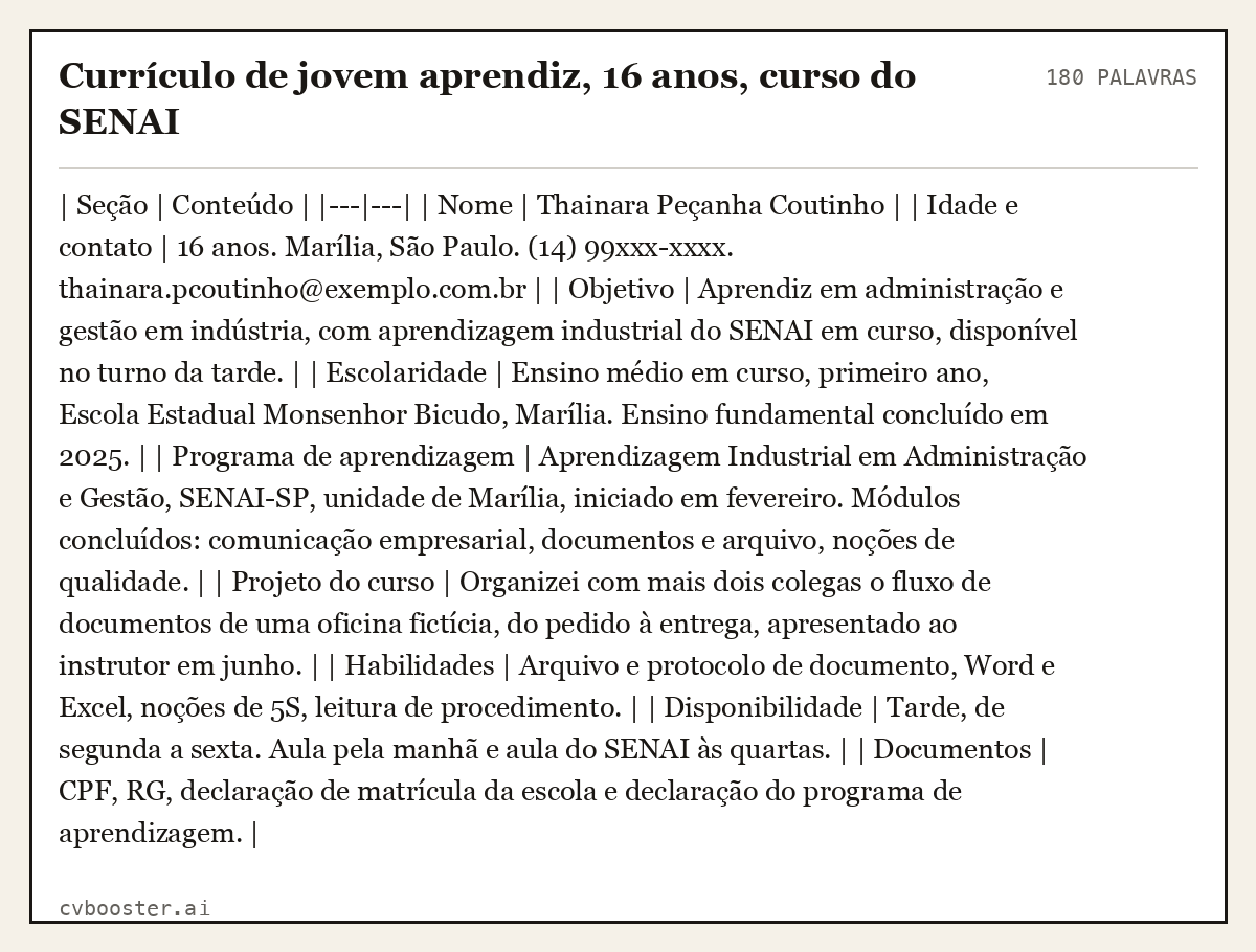 Exemplo completo: Currículo de jovem aprendiz, 16 anos, curso do SENAI, 180 palavras