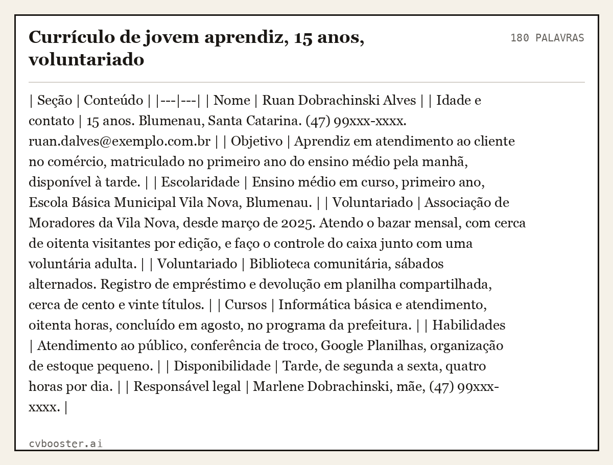Exemplo completo: Currículo de jovem aprendiz, 15 anos, voluntariado, 180 palavras