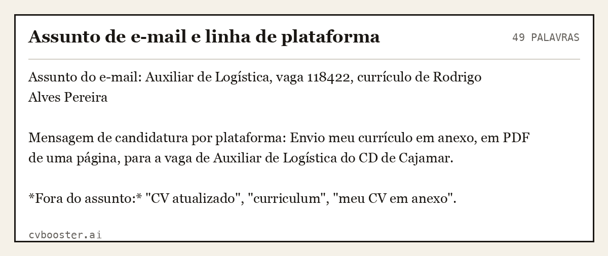 Exemplo completo: Assunto de e-mail e linha de plataforma, 49 palavras