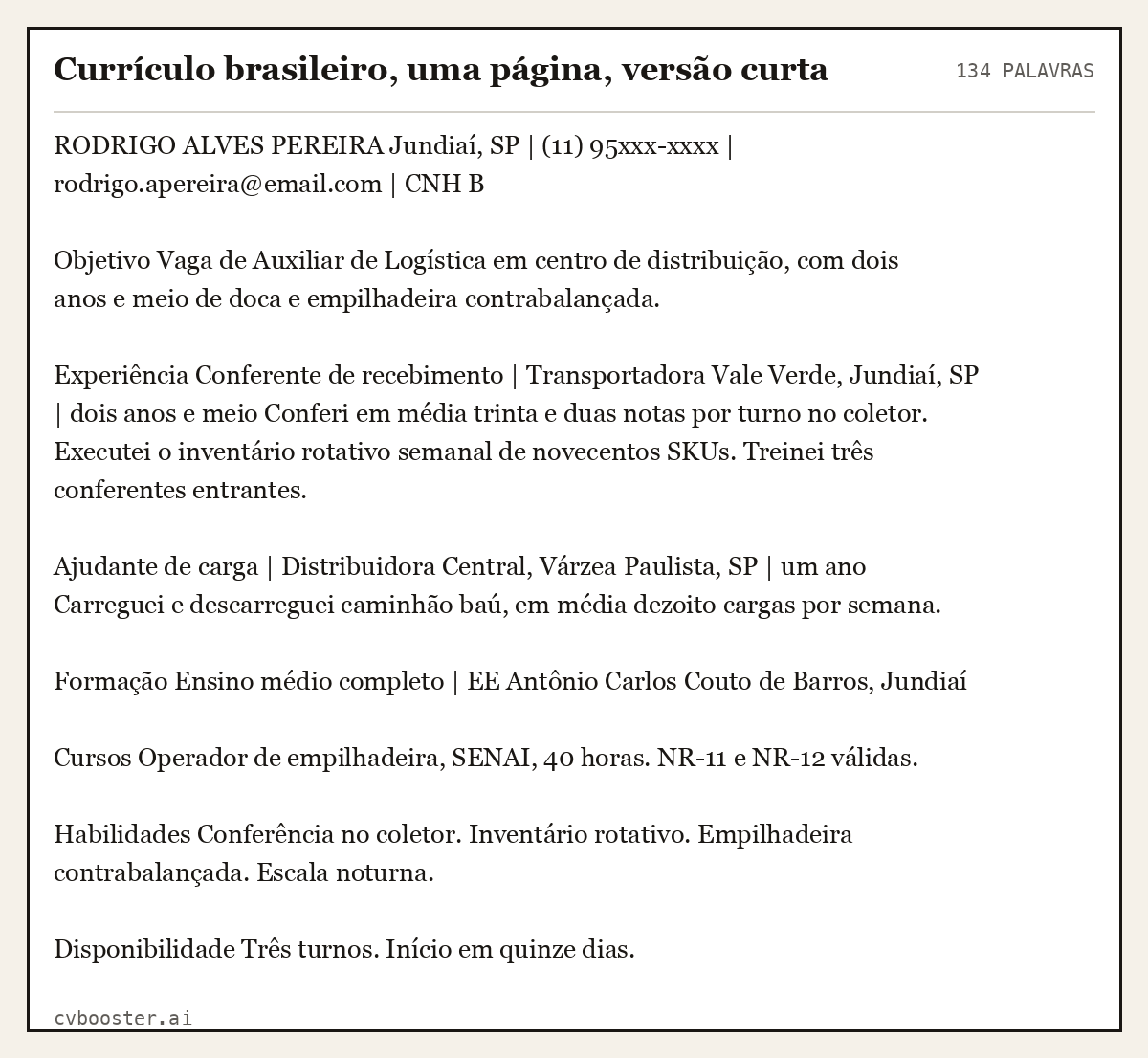 Exemplo completo: Currículo brasileiro, uma página, versão curta, 134 palavras