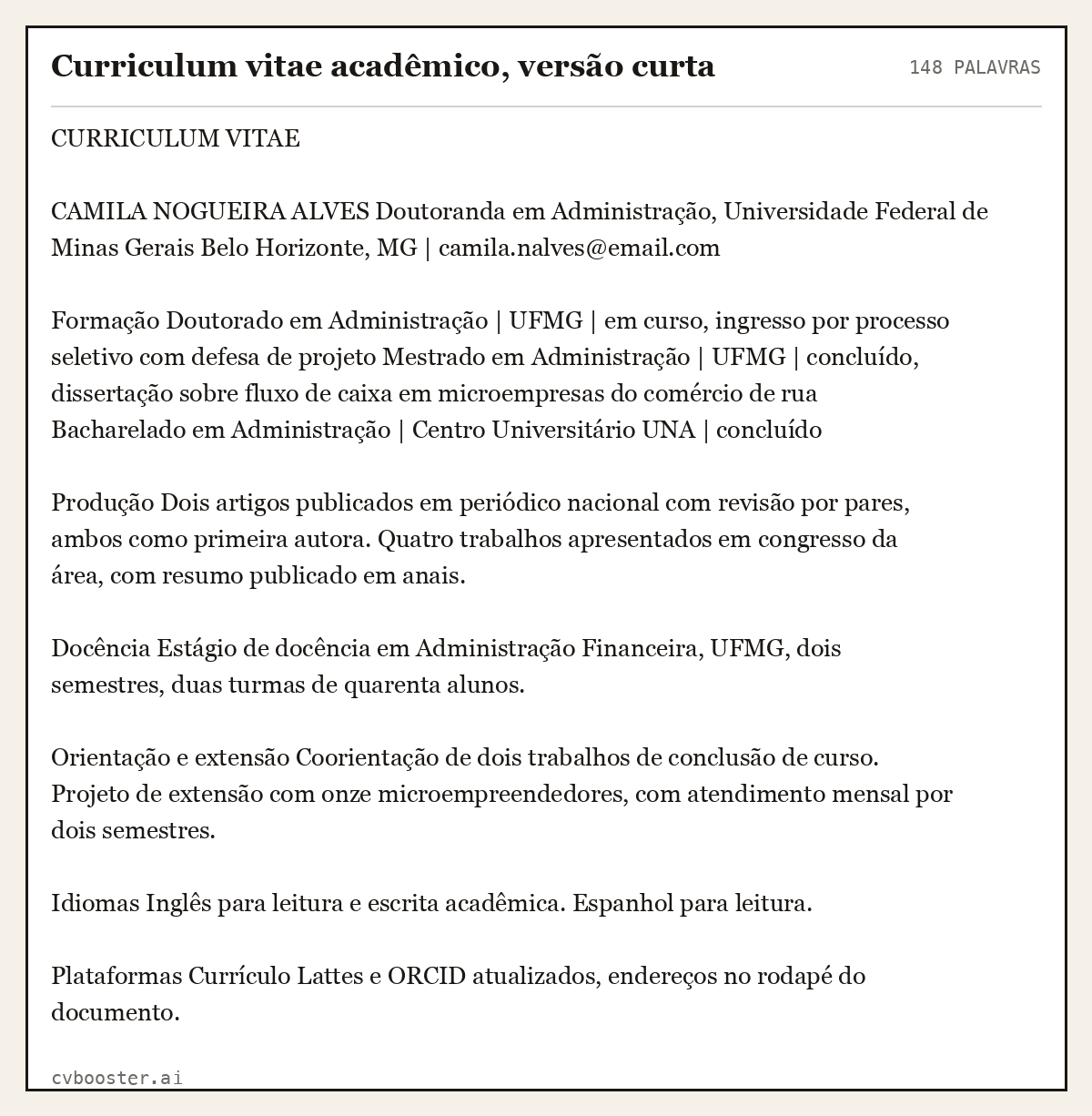 Exemplo completo: Curriculum vitae acadêmico, versão curta, 148 palavras