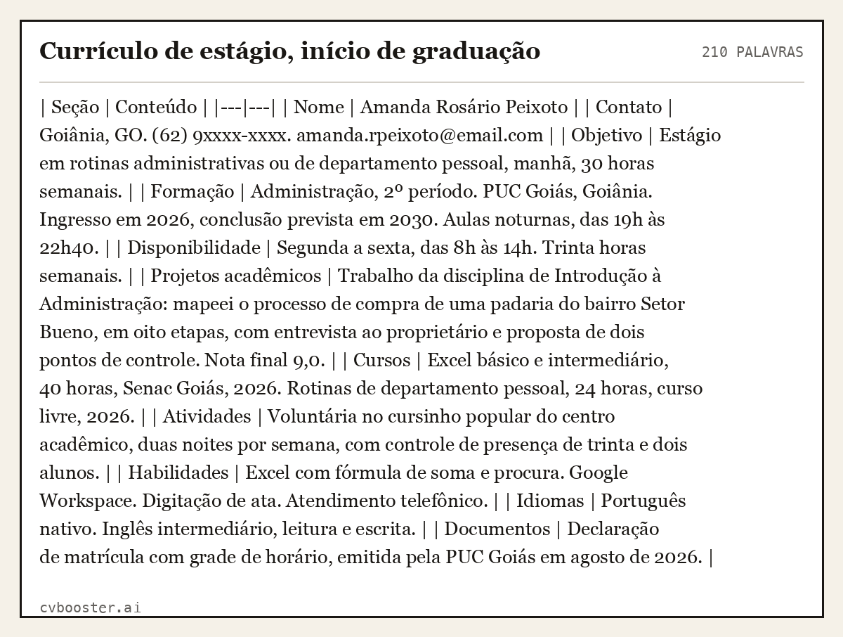 Exemplo completo: Currículo de estágio, início de graduação, 210 palavras