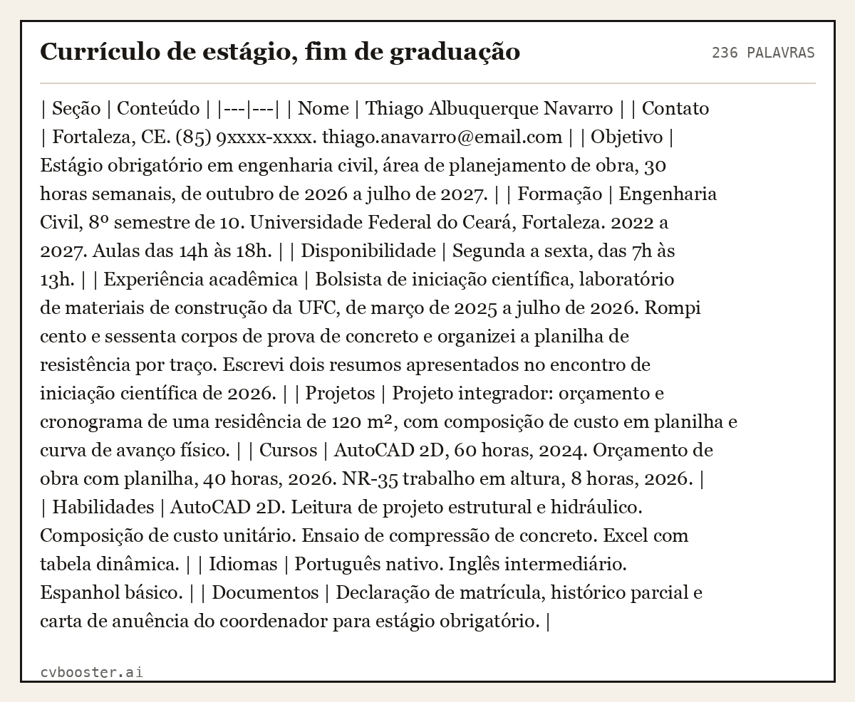 Exemplo completo: Currículo de estágio, fim de graduação, 236 palavras