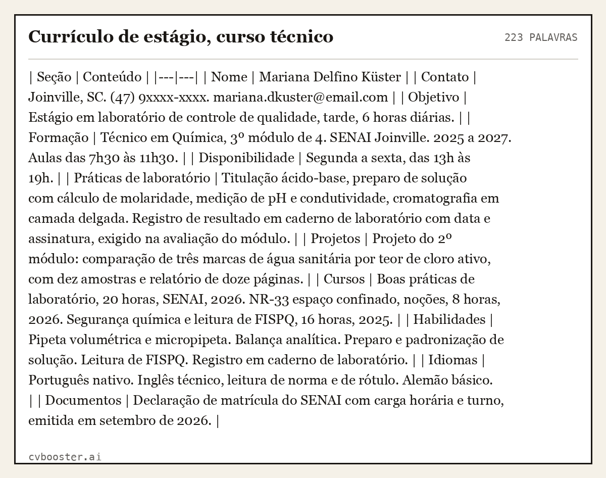 Exemplo completo: Currículo de estágio, curso técnico, 223 palavras
