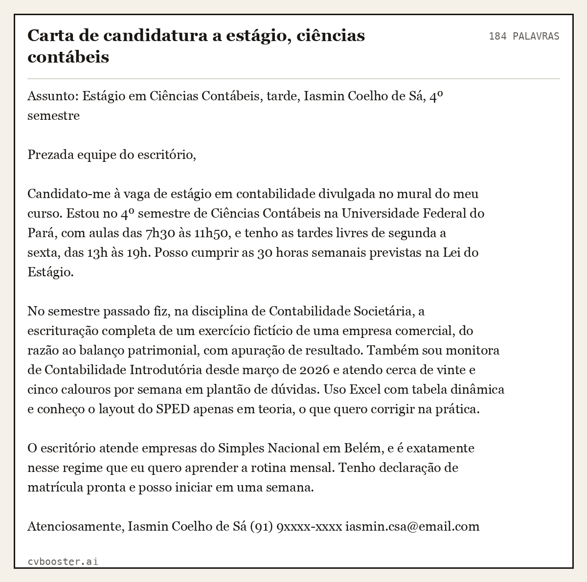 Exemplo completo: Carta de candidatura a estágio, ciências contábeis, 184 palavras