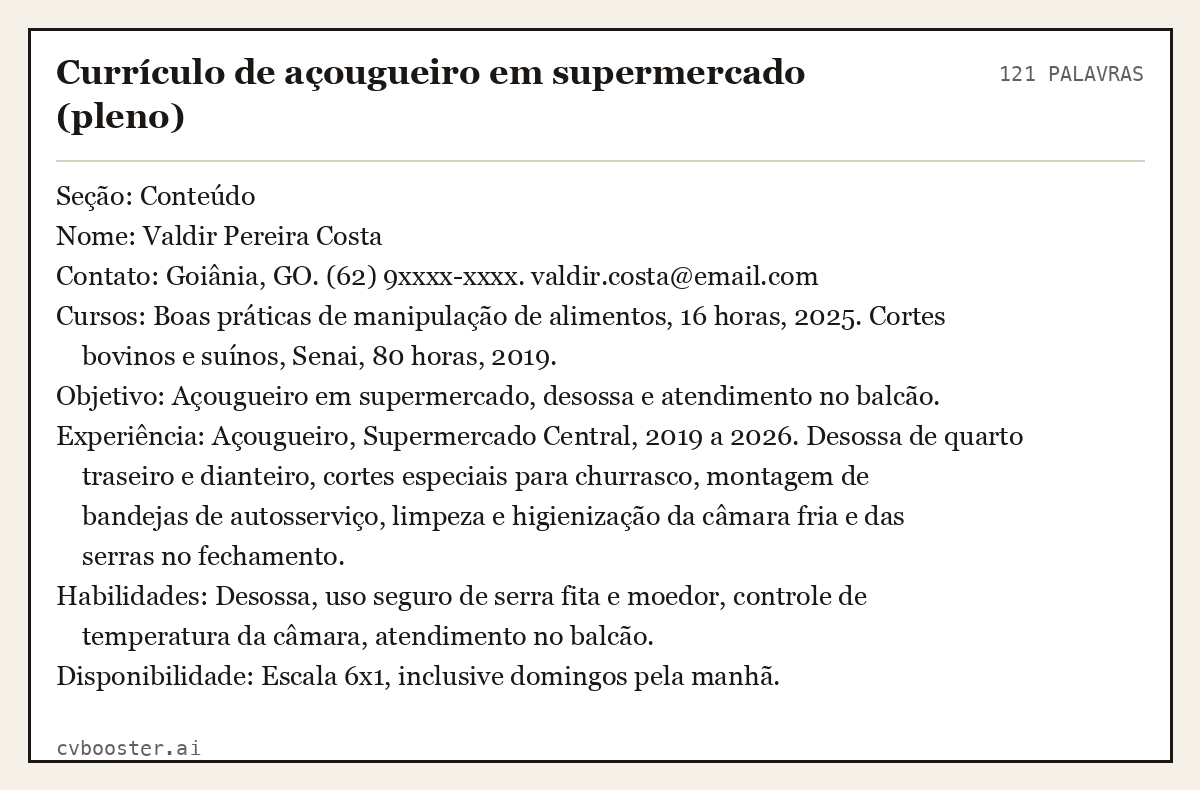 Exemplo completo: Currículo de açougueiro em supermercado (pleno), 121 palavras