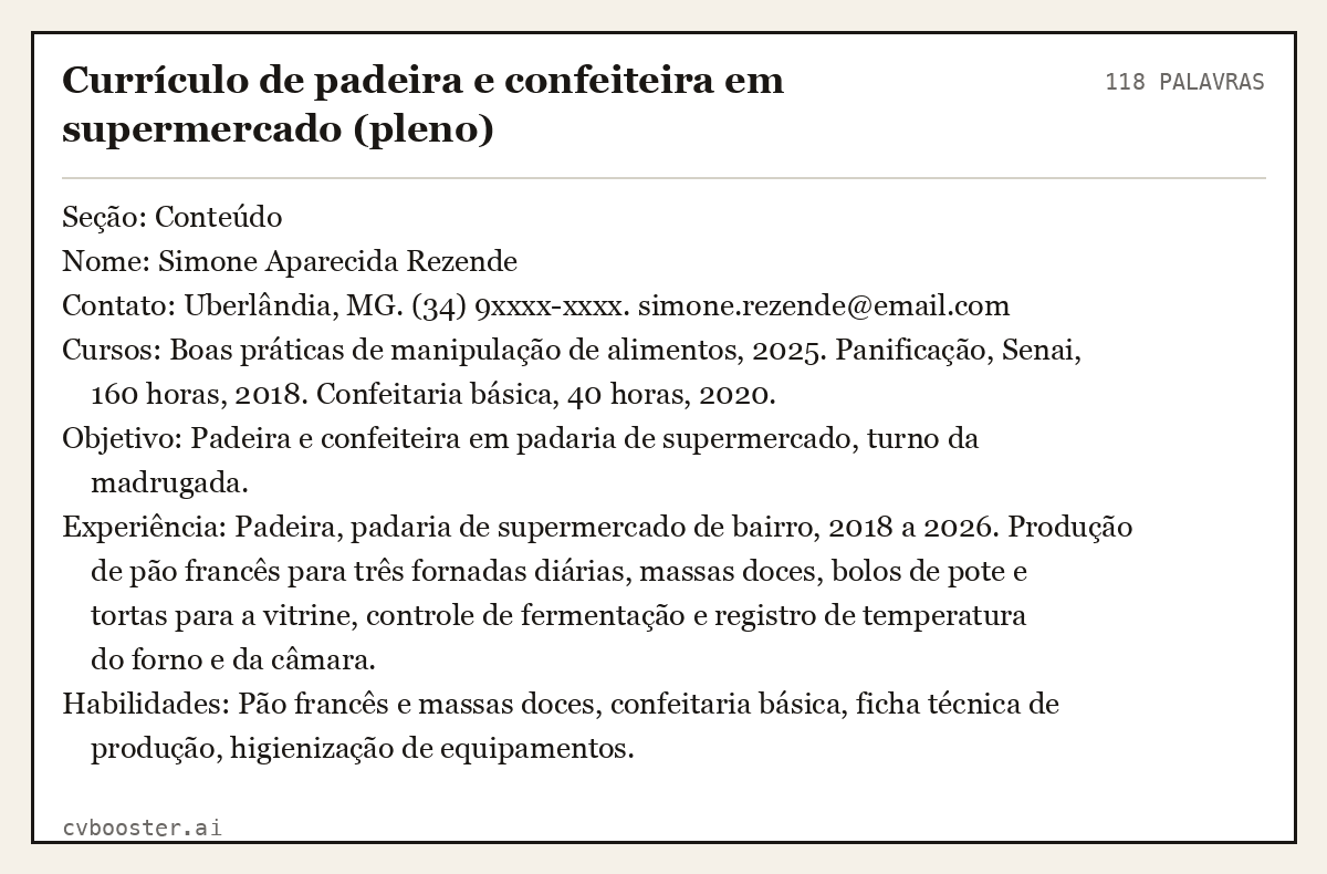 Exemplo completo: Currículo de padeira e confeiteira em supermercado (pleno), 118 palavras