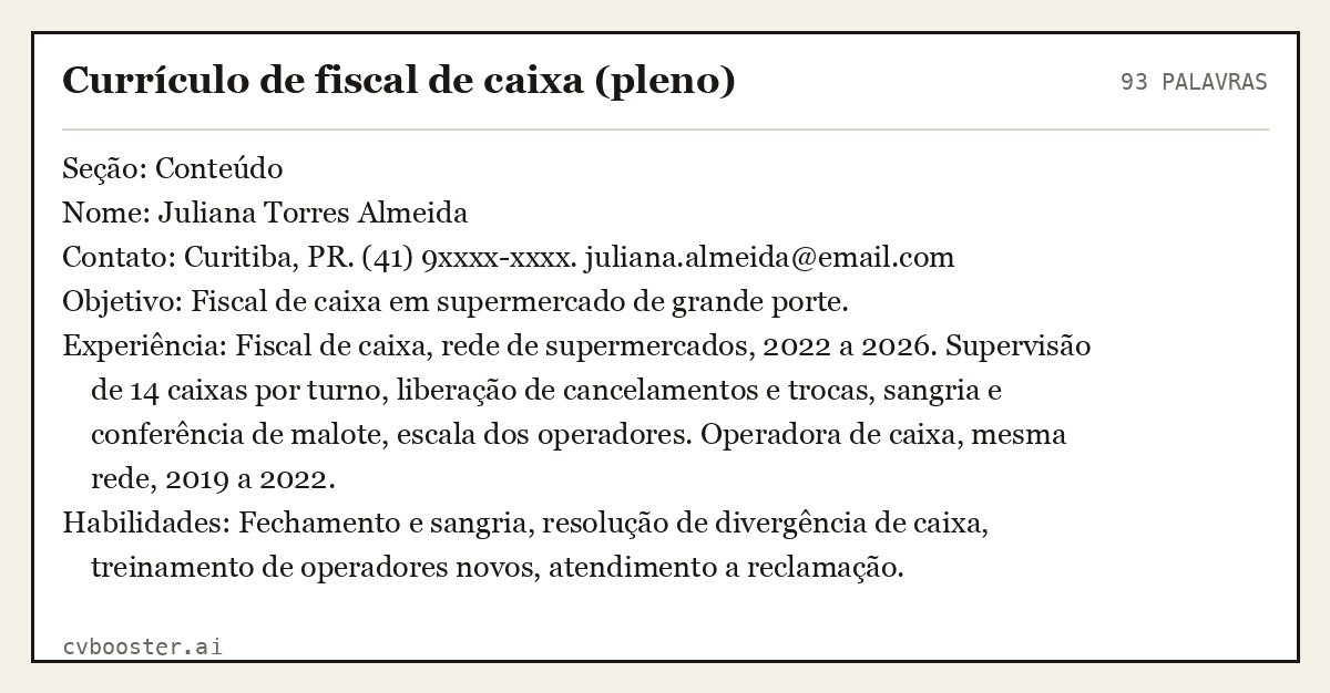 Exemplo completo: Currículo de fiscal de caixa (pleno), 93 palavras