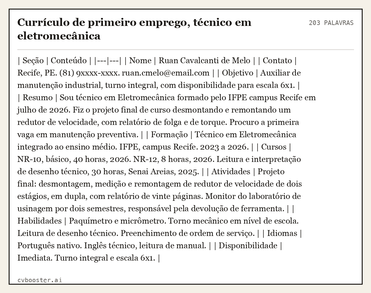 Exemplo completo: Currículo de primeiro emprego, técnico em eletromecânica, 203 palavras