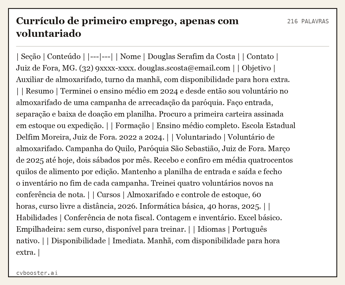 Exemplo completo: Currículo de primeiro emprego, apenas com voluntariado, 216 palavras