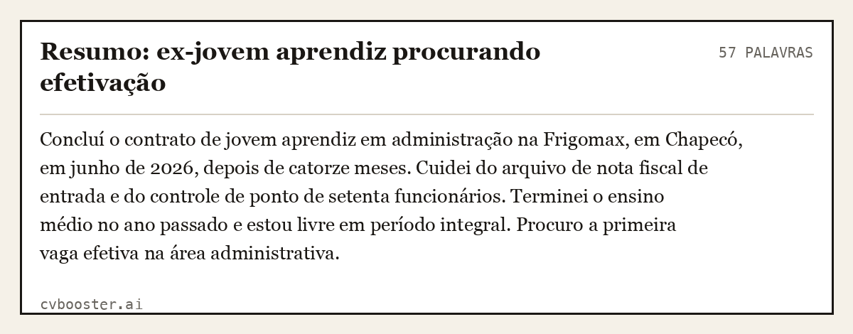 Exemplo completo: Resumo: ex-jovem aprendiz procurando efetivação, 57 palavras