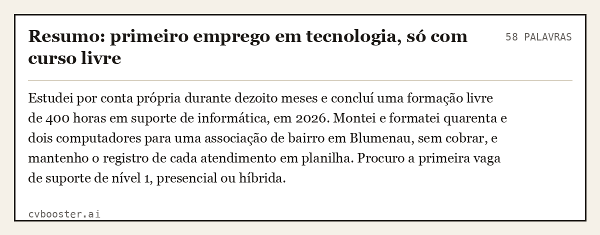 Exemplo completo: Resumo: primeiro emprego em tecnologia, só com curso livre, 58 palavras