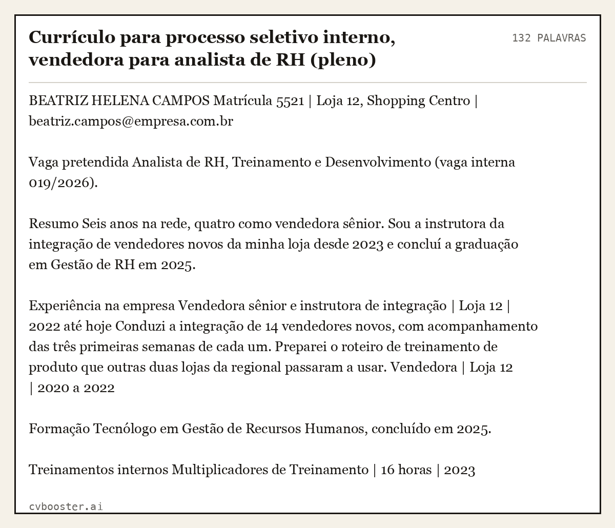 Exemplo completo: Currículo para processo seletivo interno, vendedora para analista de RH (pleno), 132 palavras
