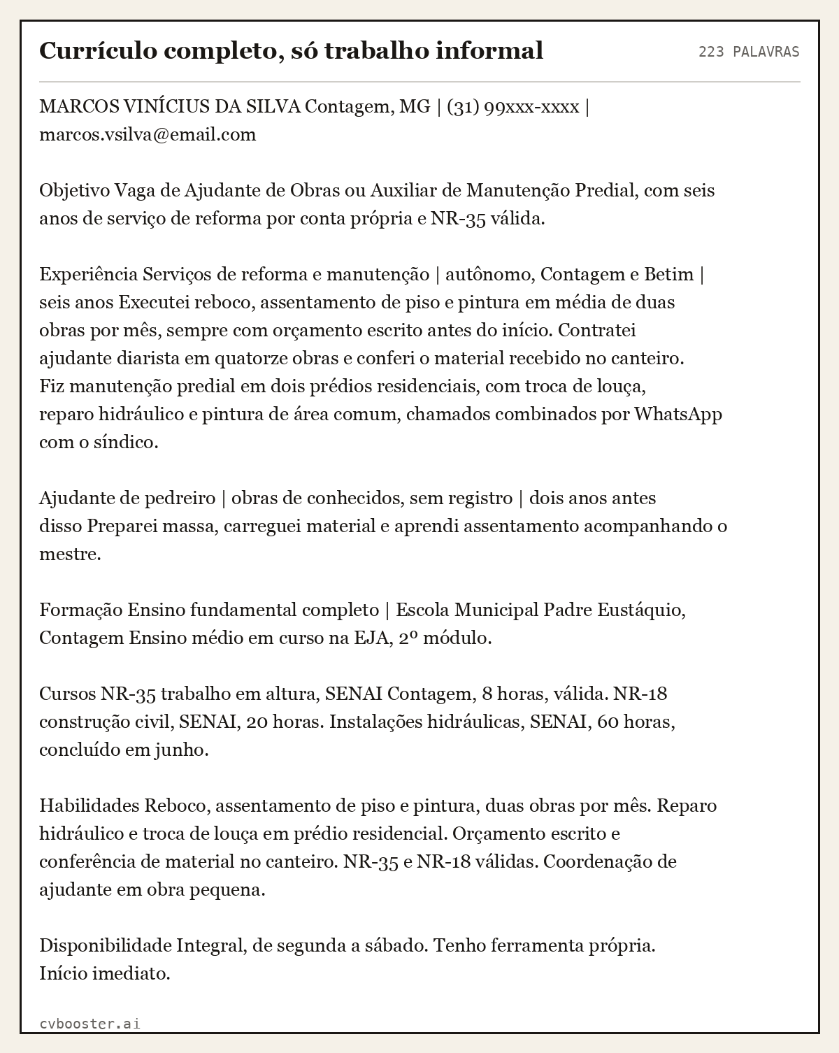 Exemplo completo: Currículo completo, só trabalho informal, 223 palavras