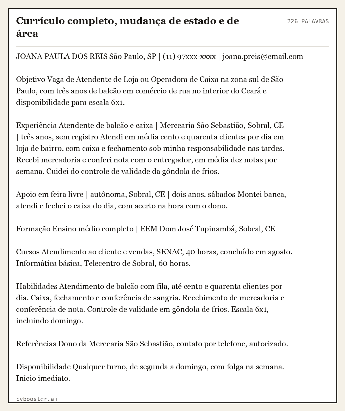 Exemplo completo: Currículo completo, mudança de estado e de área, 226 palavras
