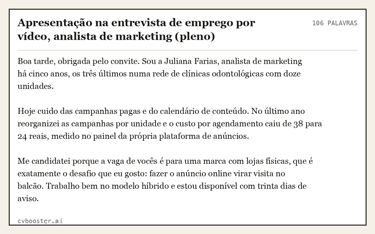 Exemplo completo: Apresentação na entrevista de emprego por vídeo, analista de marketing (pleno), 106 palavras