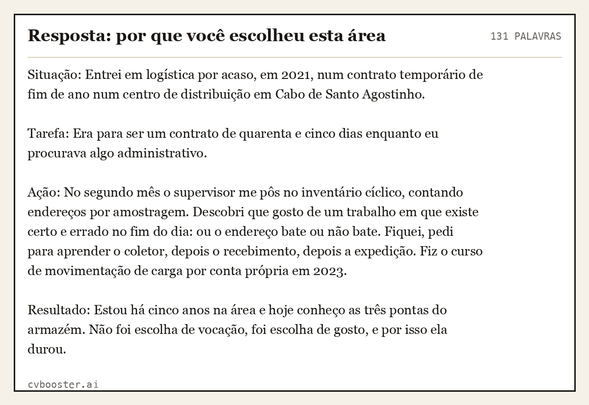 Exemplo completo: Resposta: por que você escolheu esta área, 131 palavras