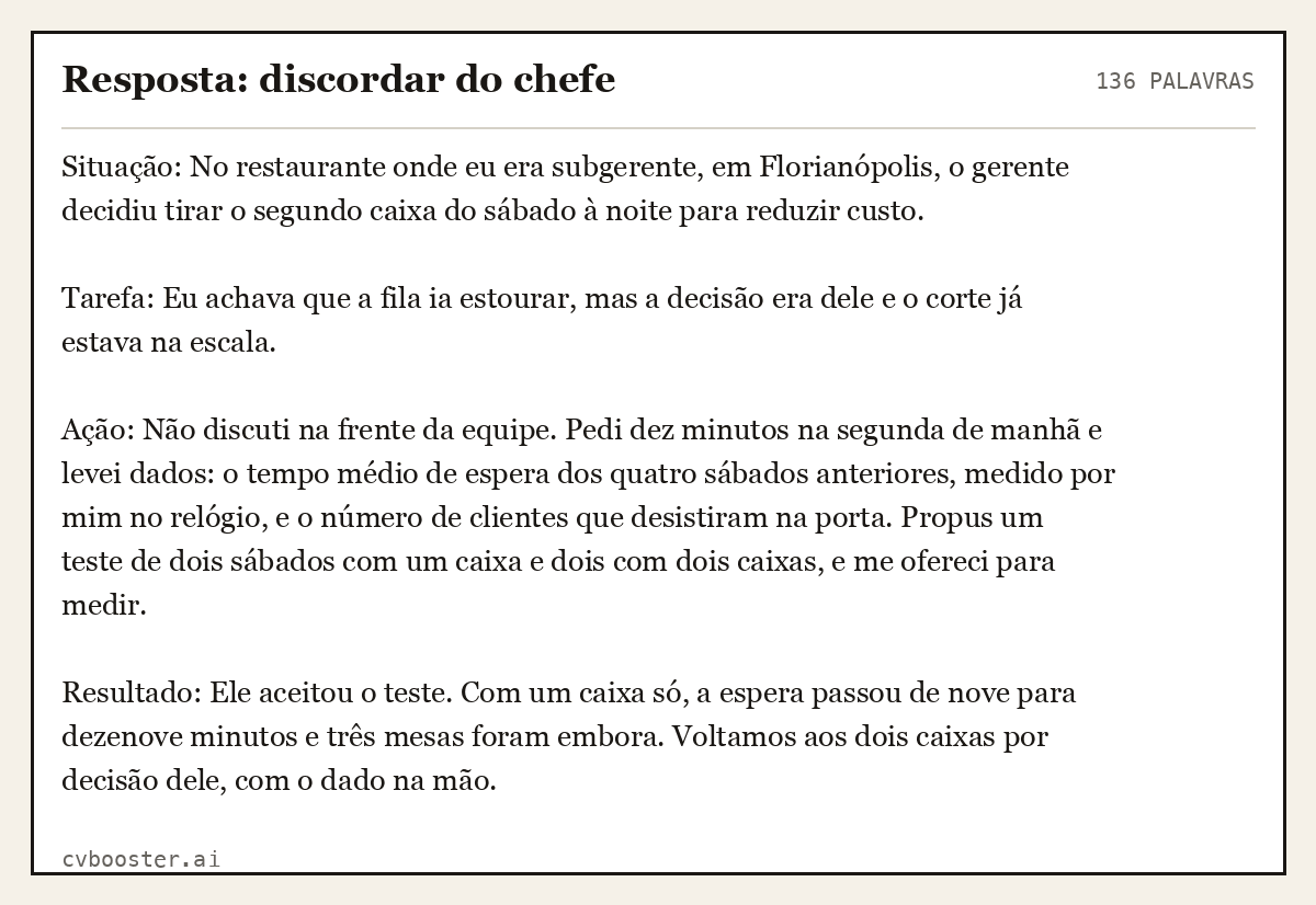 Exemplo completo: Resposta: discordar do chefe, 136 palavras