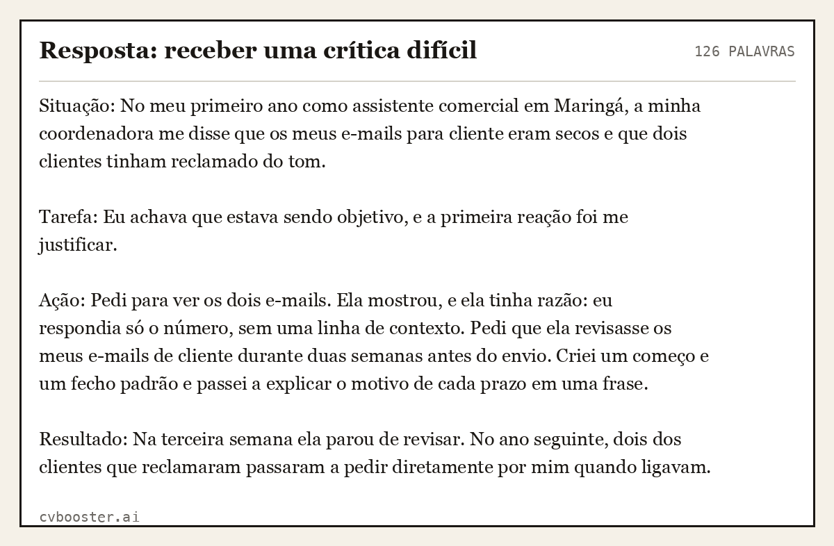 Exemplo completo: Resposta: receber uma crítica difícil, 126 palavras