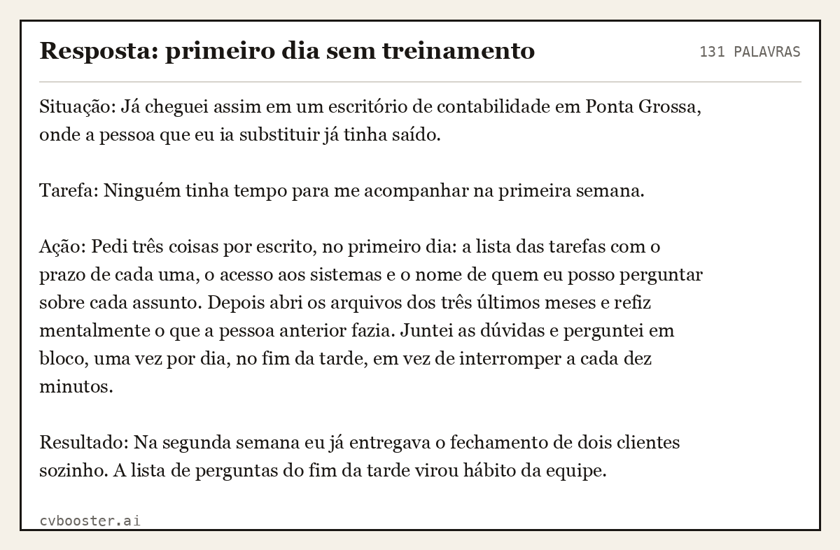 Exemplo completo: Resposta: primeiro dia sem treinamento, 131 palavras