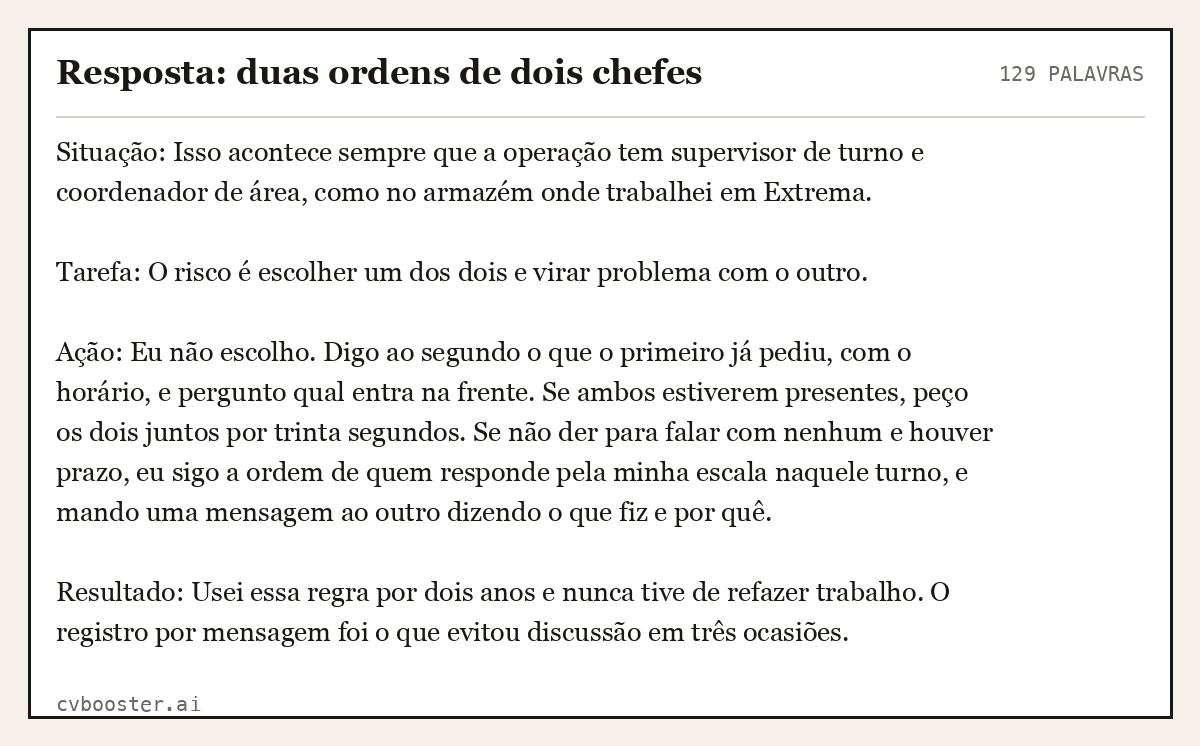 Exemplo completo: Resposta: duas ordens de dois chefes, 129 palavras