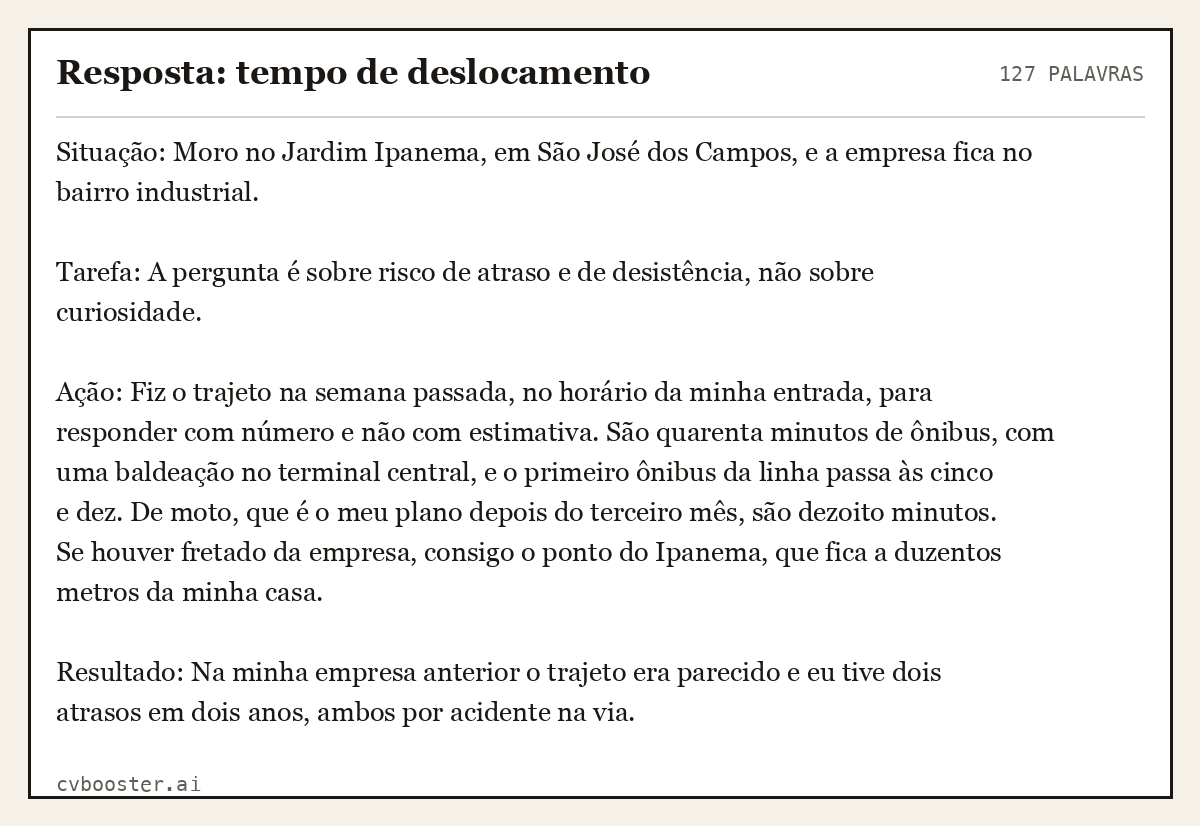 Exemplo completo: Resposta: tempo de deslocamento, 127 palavras