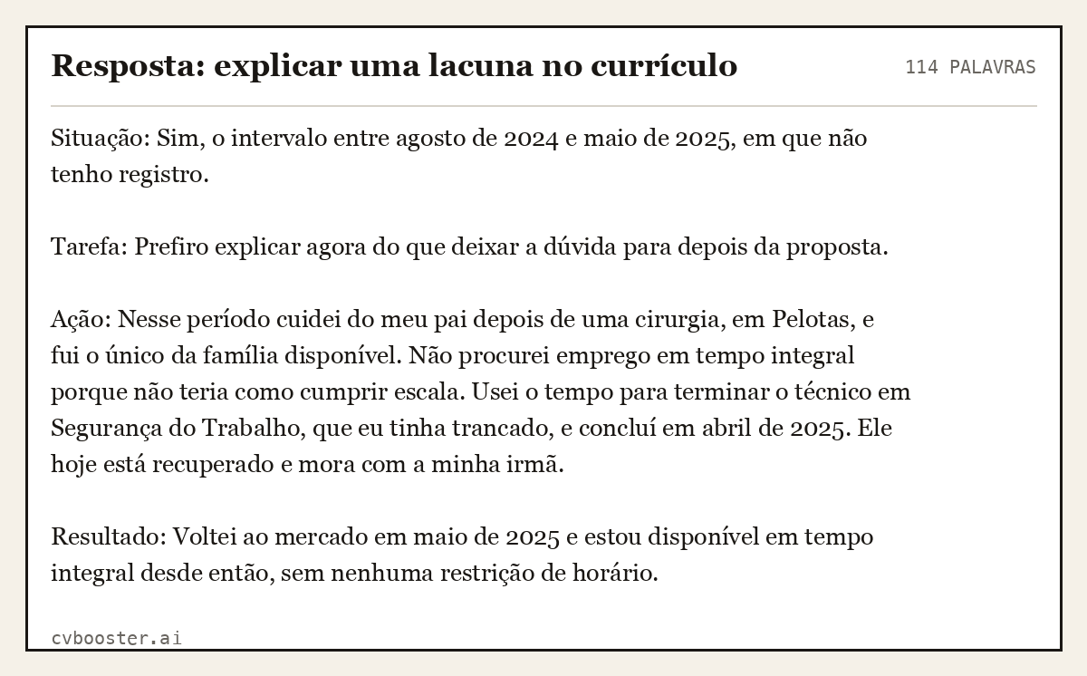Exemplo completo: Resposta: explicar uma lacuna no currículo, 114 palavras