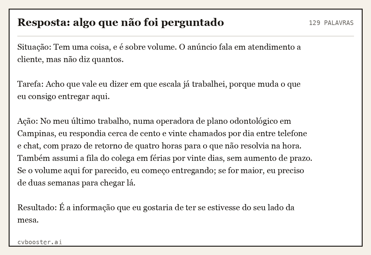 Exemplo completo: Resposta: algo que não foi perguntado, 129 palavras