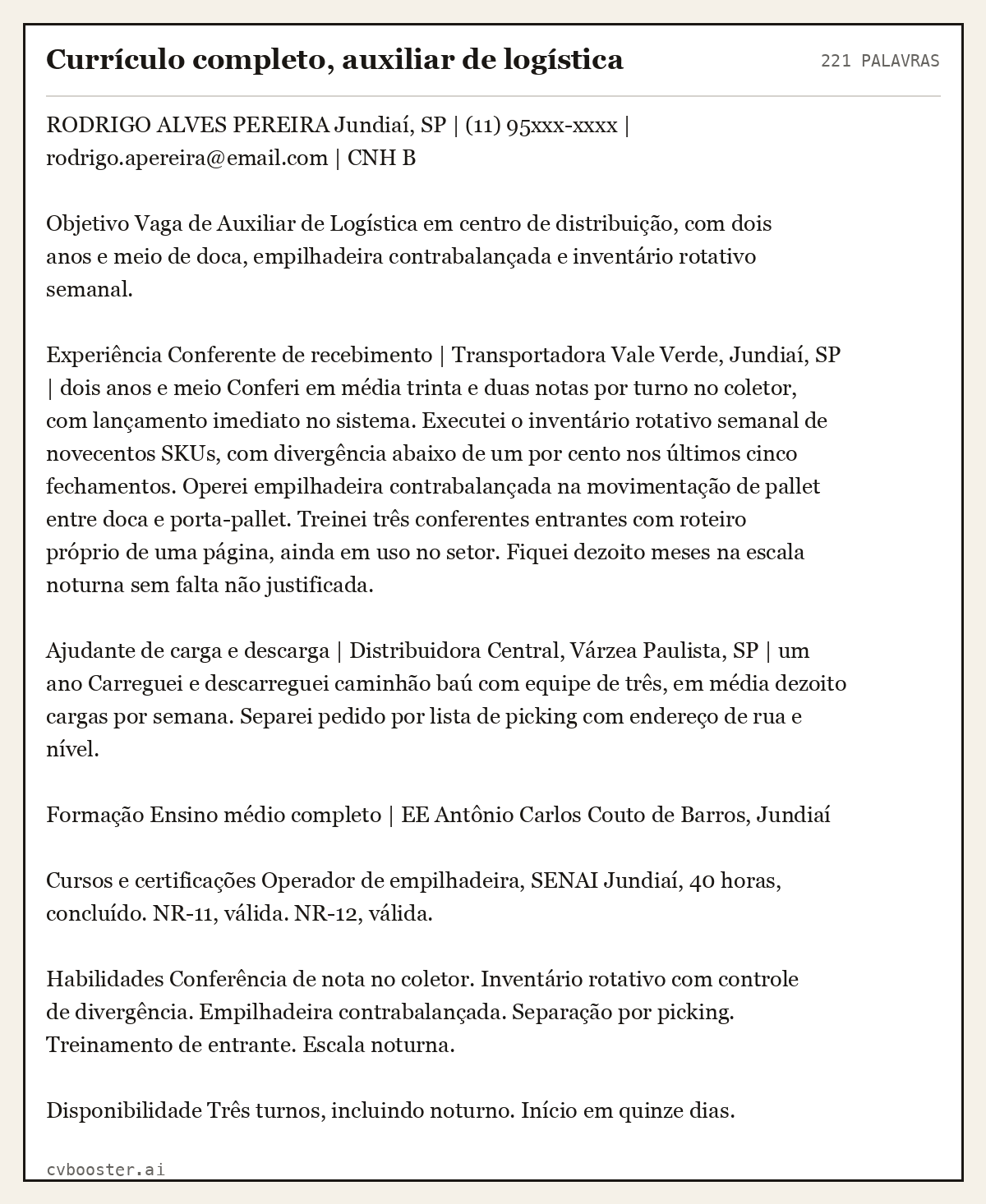 Exemplo completo: Currículo completo, auxiliar de logística, 221 palavras