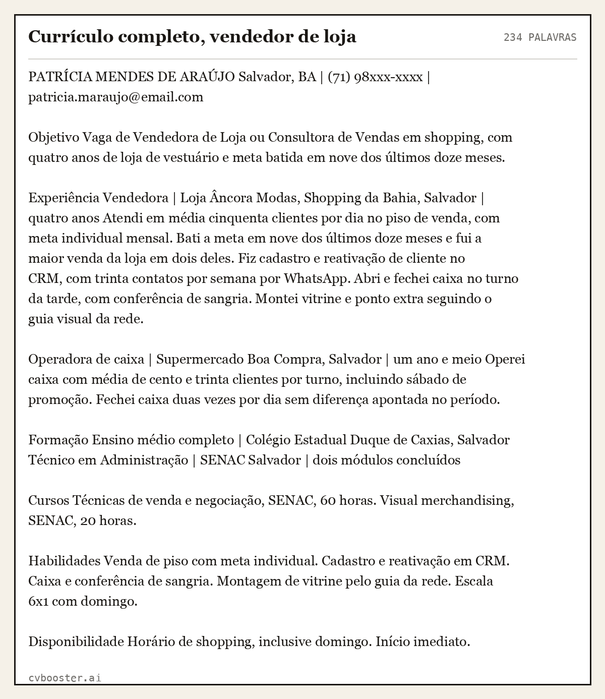 Exemplo completo: Currículo completo, vendedor de loja, 234 palavras