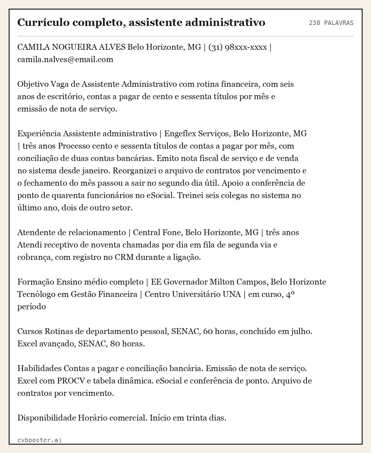 Exemplo completo: Currículo completo, assistente administrativo, 230 palavras